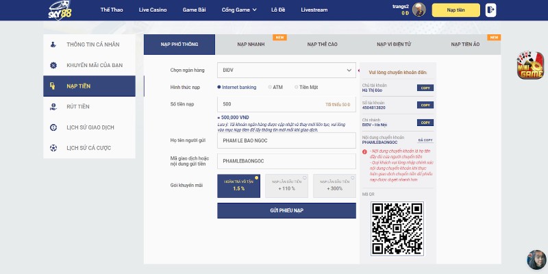 Nạp tiền vào Sky88 bằng cách phổ thông