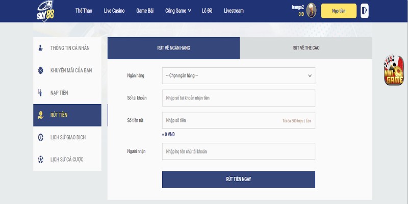 Rút tiền Sky88 qua ngân hàng